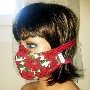 Handmade Womens Reversible Poinsettias Floral Christmas Face Mask Standard Size